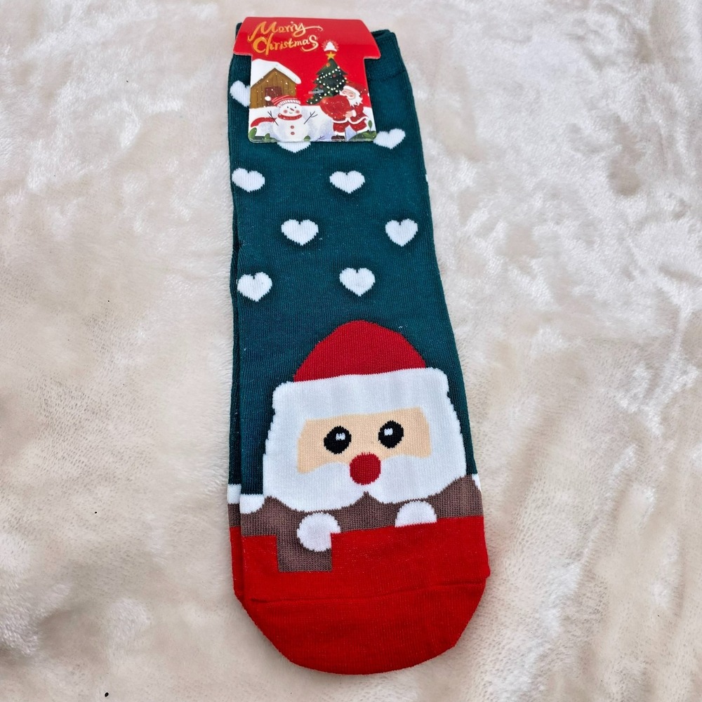 Santa Christmas Socks Hearts Green Red Novelty Holiday One Size NEW SO-733SP